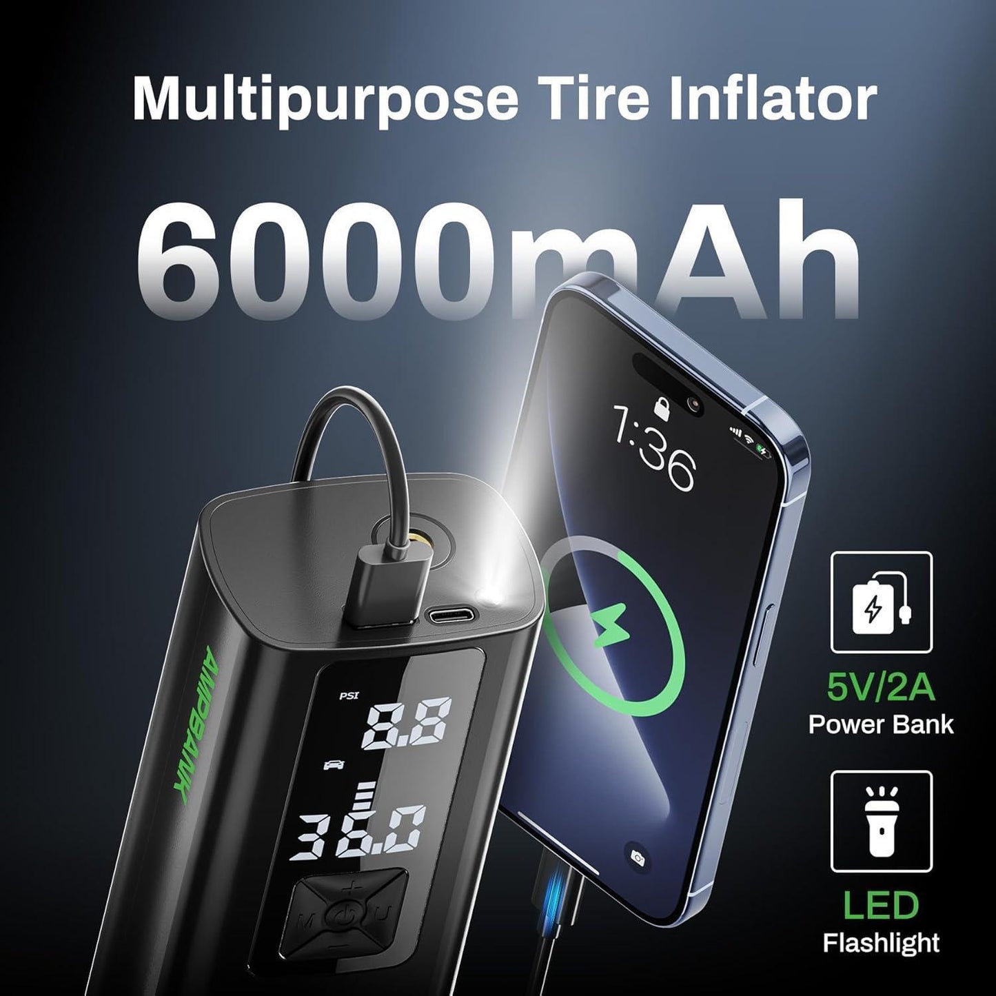 Portable Car Air Pump with LED Screen & Pressure Gauge